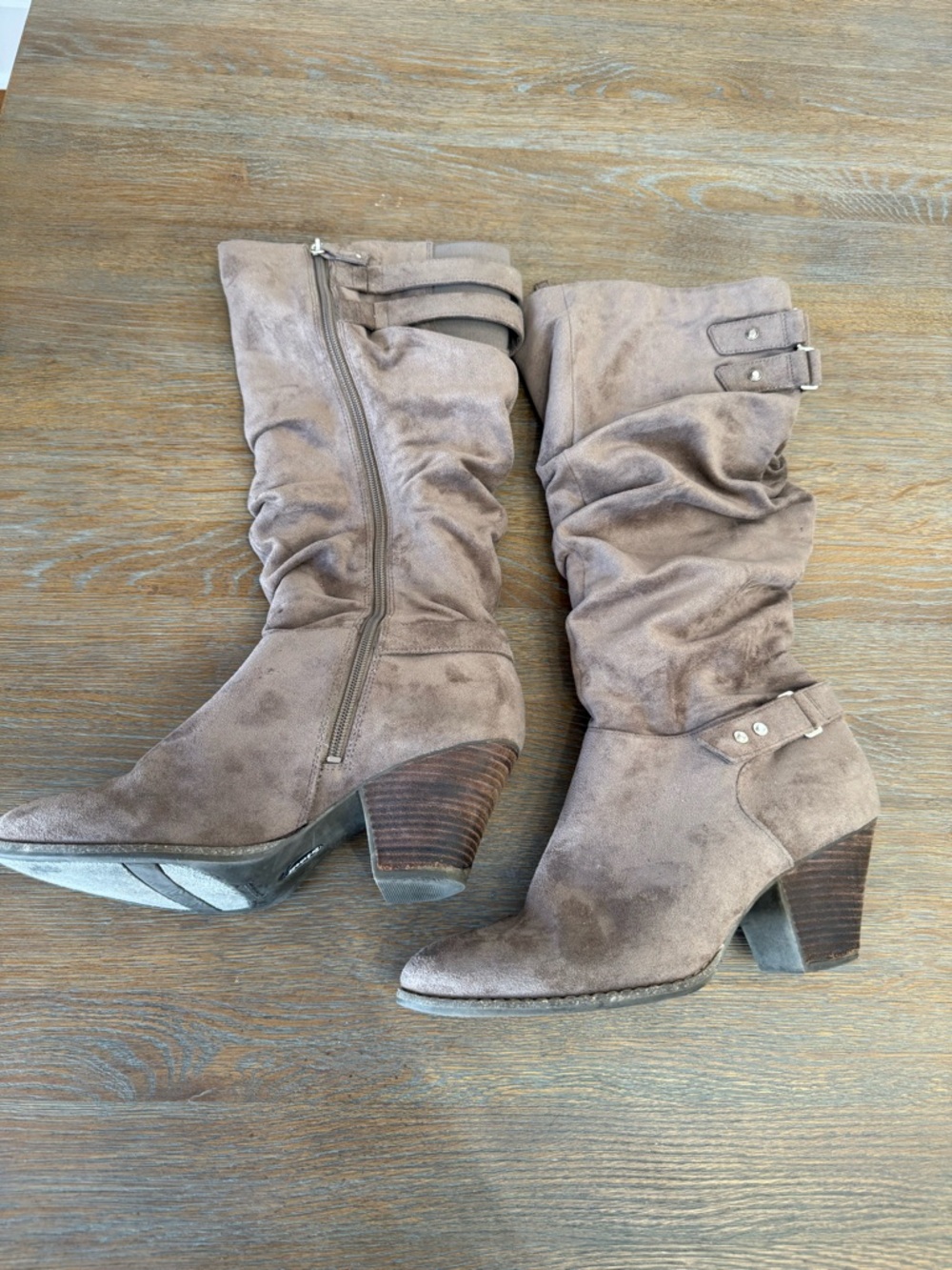 Dr. Scholl's Taupe Suede Slouch Mid-Calf Heeled Boots